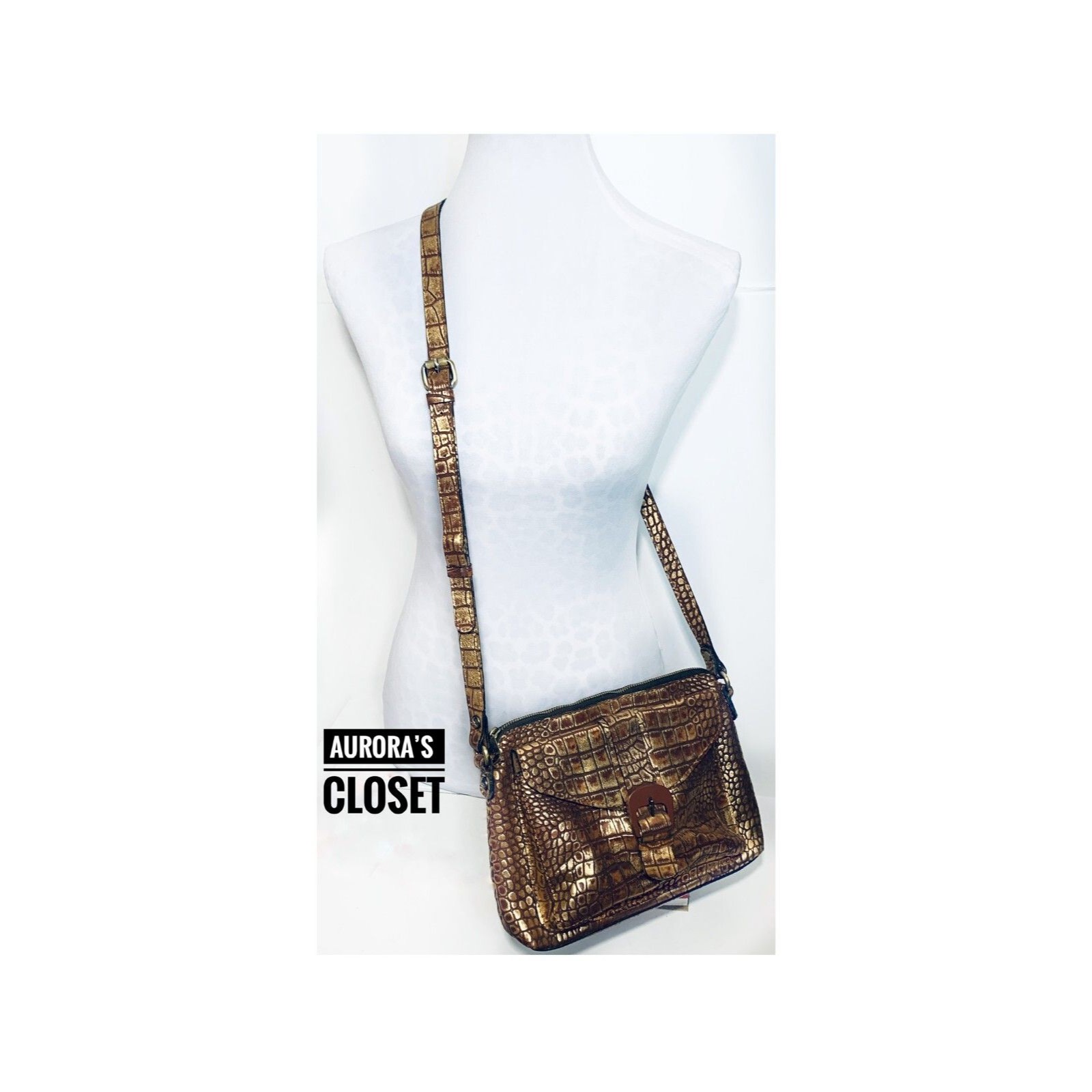 Patricia Nash Avellino Leather Croc Embossed Crossbody Gold Tan $239